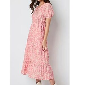 Frye and Co Womens Pink Floral Puff Sleeve Tiered Maxi Dress XS New 6